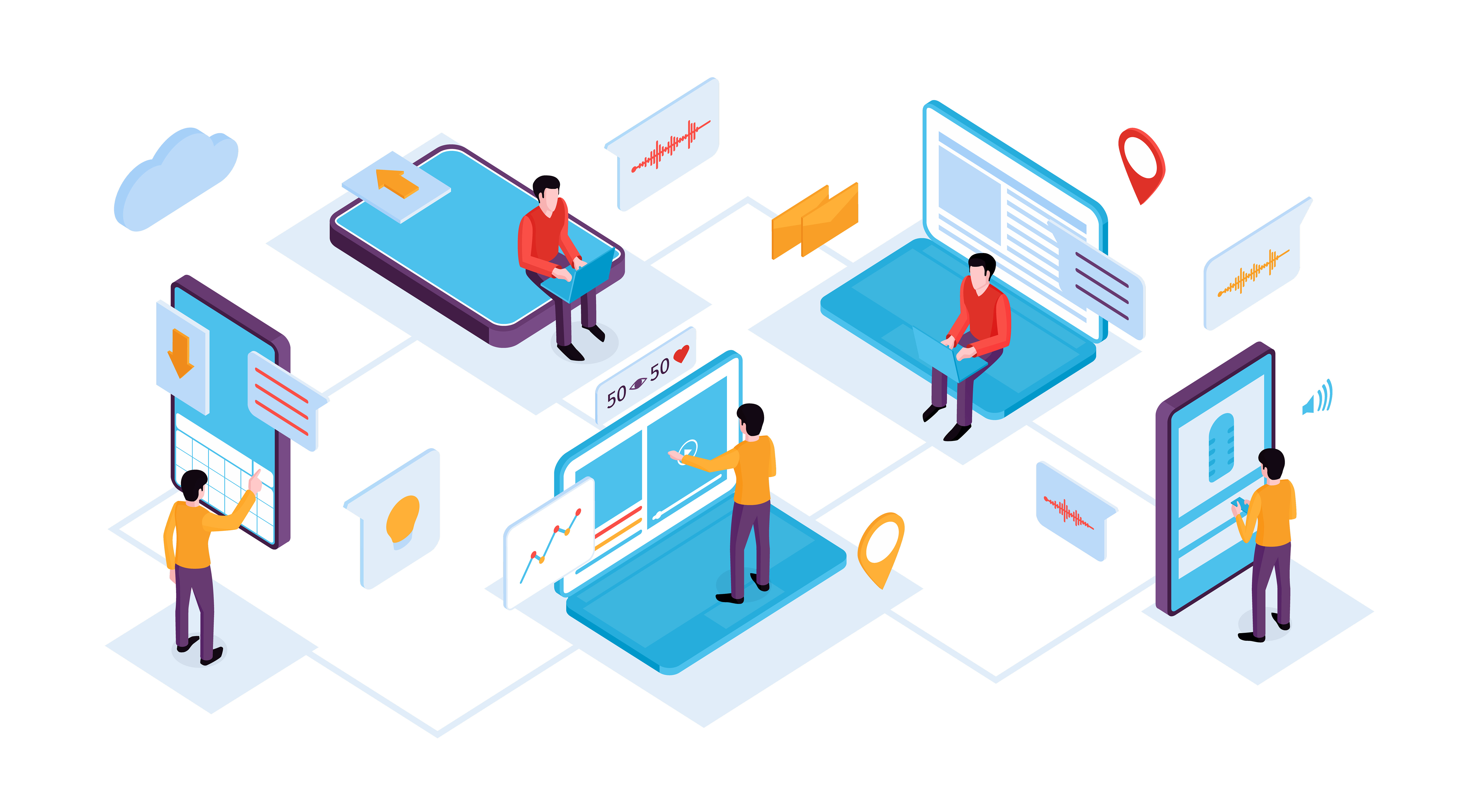 an illustration showcasing the practical use of ecommerce fulfillment software, highlighting people interconnected like nodes across diverse online sales channels.