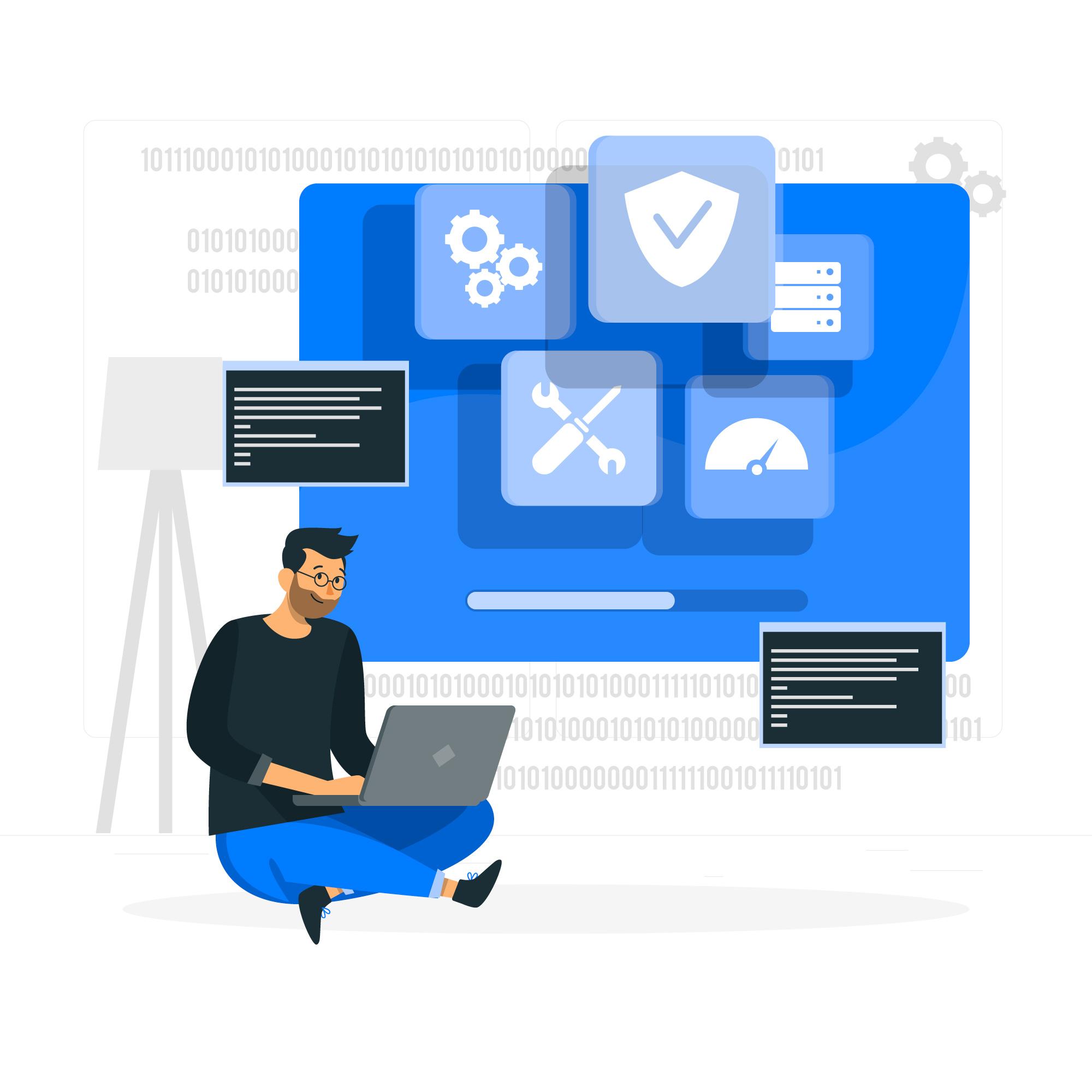 Illustration of a developer working on a laptop, analysing system settings and security features on a digital interface. The screen displays tools, performance metrics, and configurations, representing the functionality of listing management software for optimising ecommerce product listings and inventory management