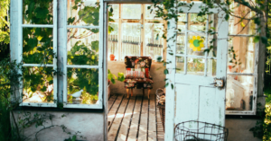 A green house with furniture