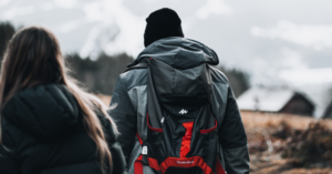 A decathlon branded backpack on a hike
