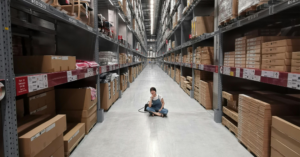 Woman sitting in stock warehouse