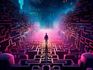 a silhouette of a man standing in the middle of a dark digital labyrinth, representing the ecommerce challenges he's facing