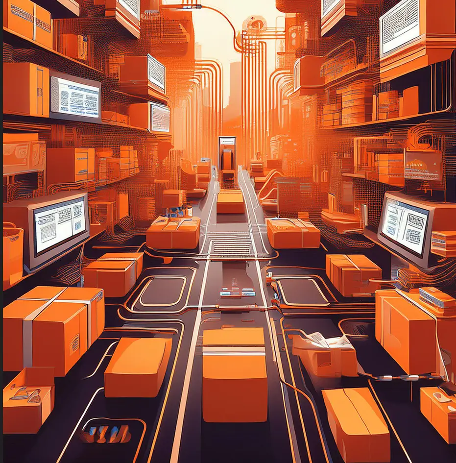 an illustration of an automated warehouse, like Amazon's, showing a robotic autonomous worker dispatching merchandise and depicting the importance of automation in solving the dispatch challenges 