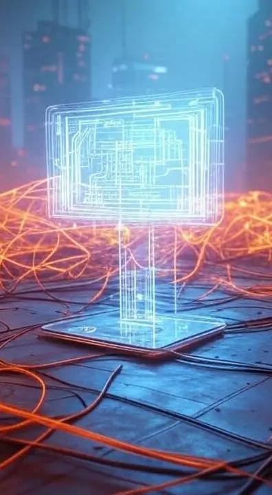 a vast network of orange connection cables is emerging out of a touch screen placed on the floor. A neon blue hologram resembling a screen is being projected in the air above the ground screen, right in the center of the image   
