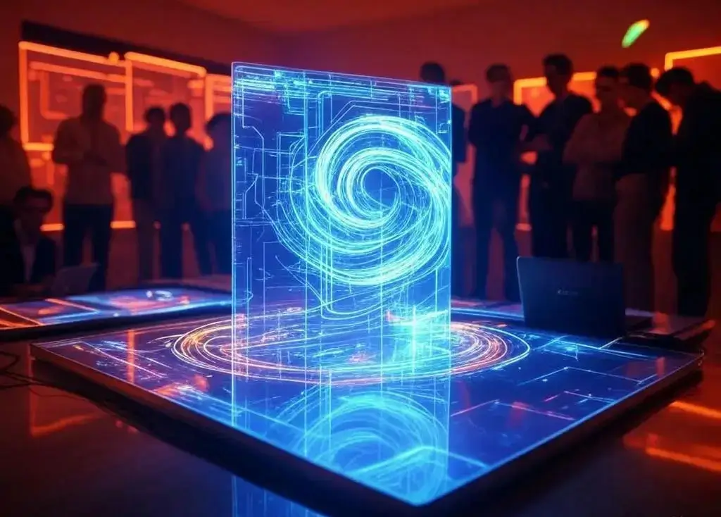 A blue holographic projection is emerging from a large screen, placed on the floor. In the background behind it there are silhouettes of people gathered for the celebration of the Volo 10th and 21st birthdays. The lighting is orange neon and dim.      