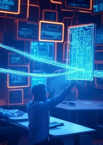 a men is reaching up to highlight data at the holographic interface of an ecommerce management system, which is hanging over his desk  