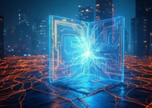 a neural network handling high traffic velocity and volume with a night city skyline fading in the distance - used to illustrate the advantages of Volo as a better Linnworks alternative