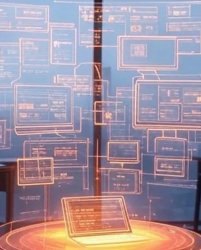 an orange holographic projection illustrating the interconnection and automation flows of a Linnworks alternative  