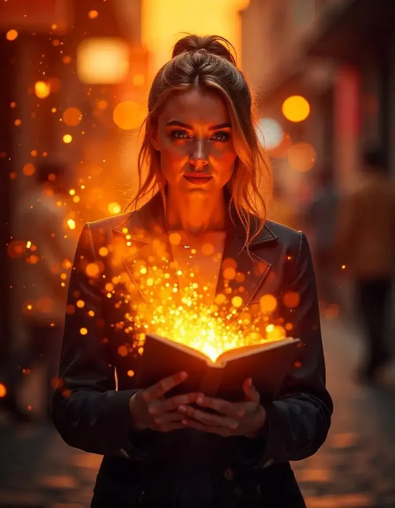 a young woman standing in an urban setting with blurred city lights in the background. She is holding an open book that emits a magical glow with bright, fiery sparks floating around her. Her expression is intense and focused, and the warm golden-orange light from the book illuminates her face and surroundings, creating a mystical and dramatic effect. The atmosphere suggests a blend of fantasy and realism, evoking a sense of mystery and wonder - used to illustrate the article's topic - 15 tips for ecommerce success