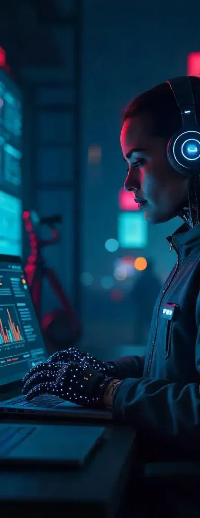 A person in a high-tech jacket with glowing patches, wearing illuminated headphones and gloves, works on a laptop displaying charts and data in a neon-lit room, with city lights visible in the background. This scene reflects a modern e-commerce professional exploring an alternative to Base's e-commerce platform, seeking advanced tools and integrations for seamless multi-channel sales management