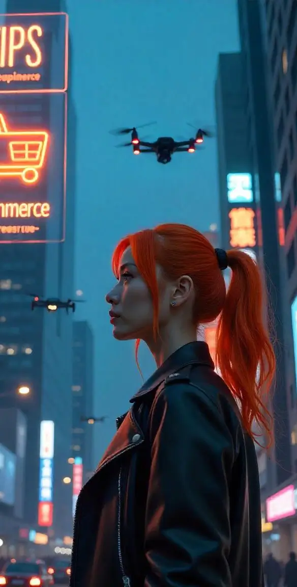 A futuristic cityscape at night with neon signs, featuring a woman with bright orange hair in a ponytail wearing a black leather jacket, gazing upward as drones fly overhead among tall buildings, as she's looking for an alternative to Base