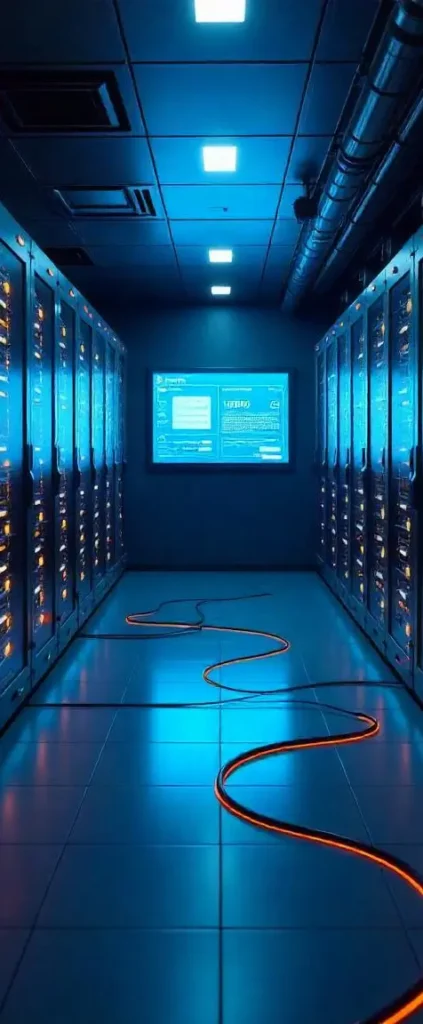 A modern data center with rows of illuminated server racks, a large central screen displaying data, and orange cables running across the shiny blue floor, representing a high-tech infrastructure supporting a state of the art platform
