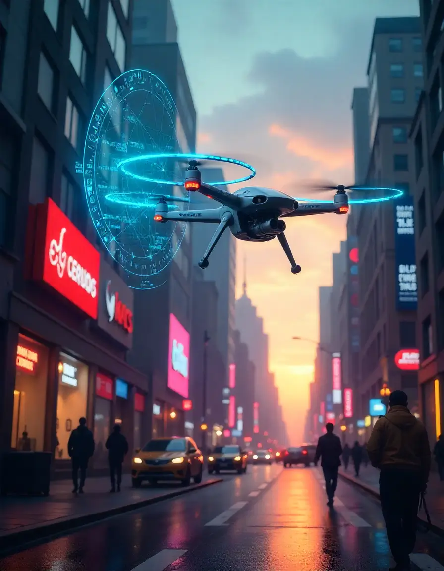 A futuristic cityscape at dawn with holographic displays and hovering drone. Used to illustrate the latest ecommerce news and developments